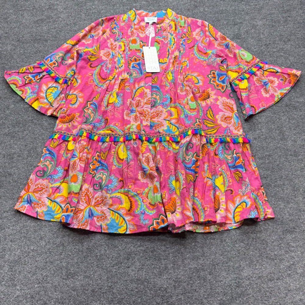 Taj by Sabrina Crippa Pink Paisley Floral Tassel Cotton Tunic Dress Small NWT